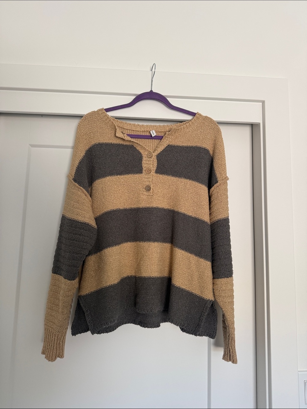 Wishlist Striped Button-Neck Sweater in Tan and Charcoal